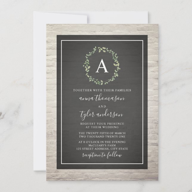 Invitación Boda blanca del monograma de la guirnalda del (Anverso)