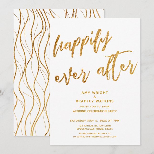 Invitación Boda Blanca Después de Feliz para Siempre de Oro (Anverso / Reverso)