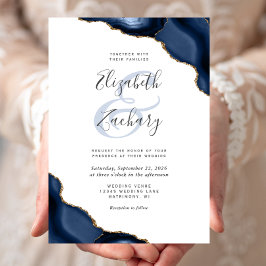 Invitación Boda Blanca Esquina de Ágata Dorada Azul Marino