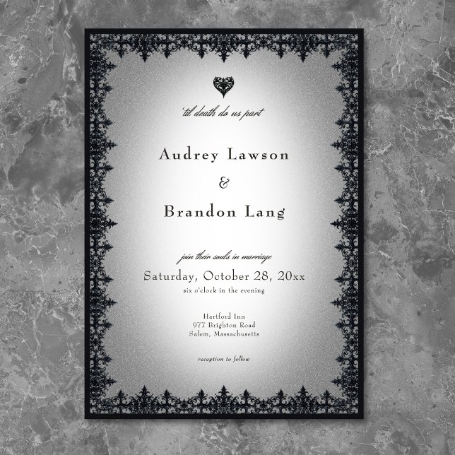 Invitación Boda Blanca Frontera de Hierro Gótico Victoriano (Victorian Gothic Iron Border White Wedding Invitation)