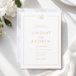 Invitación Boda Blanca Frontera Monograma Elegante