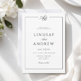 Invitación Boda Blanca Frontera Monograma Elegante