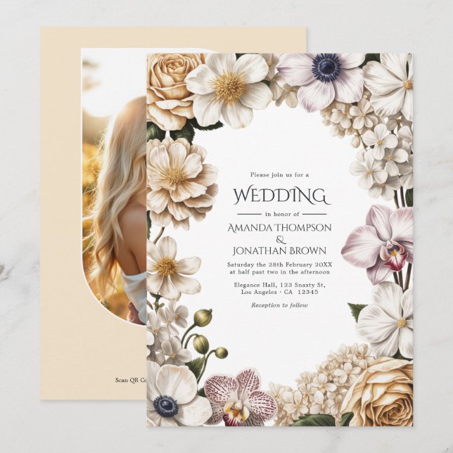 Invitación Boda Blanca, Marfil y Champagne (Anverso / Reverso)