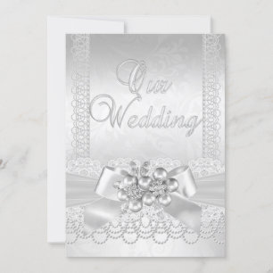 Invitación Boda Blanca Perla de Plata Encaje Damask Diamante