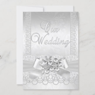 Invitación Boda Blanca Perla de Plata Encaje Damask Diamante 