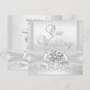 Invitación Boda Blanca Perla de Plata Encaje Damask Diamante