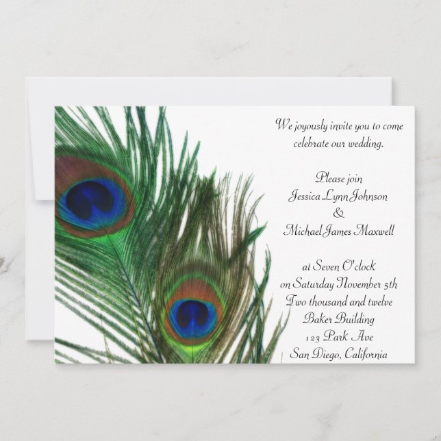 Invitación Boda blanca preciosa y elegante del pavo real (Anverso)