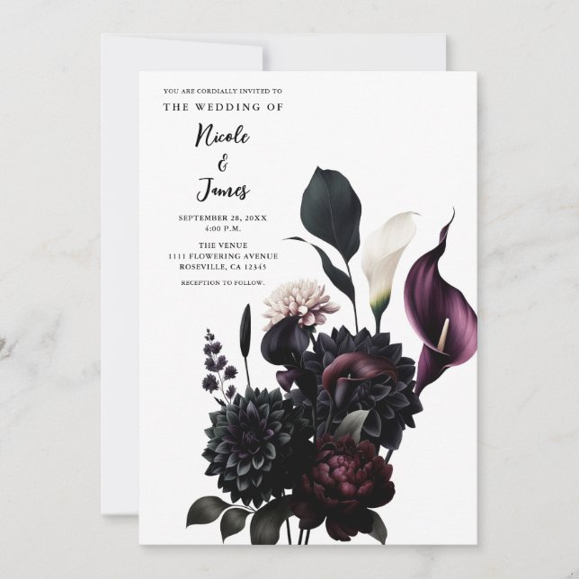 Invitación Boda Blanca Romántica Floral Oscura y Melancólica (Anverso)