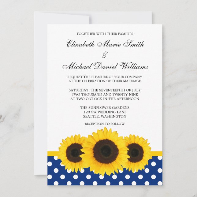 Invitación Boda blanca y azul del girasol amarillo del lunar (Anverso)