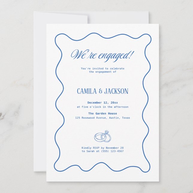 Invitación Boda Blanca y Azul Fiesta de Compromiso (Anverso)