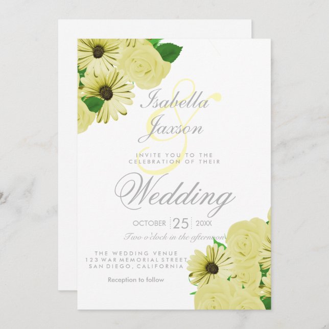 Invitación Boda Blanca y Boda Amarillo Pastel (Anverso / Reverso)