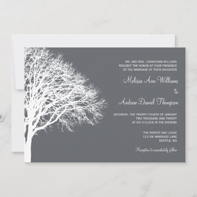 Invitación Boda blanca y gris del roble del invierno (Anverso)