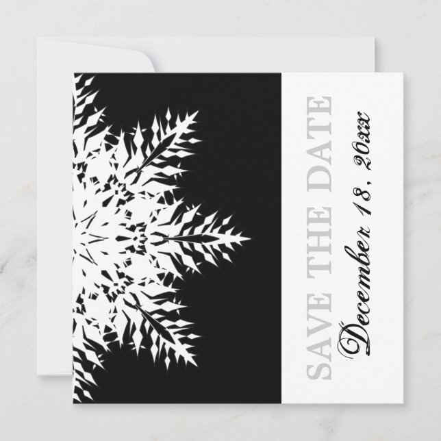 Invitación Boda blanca y negra de invierno con copos de nieve (Anverso)
