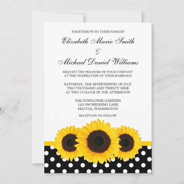 Invitación Boda blanca y negra del girasol amarillo del lunar (Anverso)