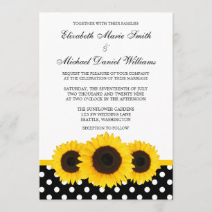 Invitación Boda blanca y negra del girasol amarillo del lunar