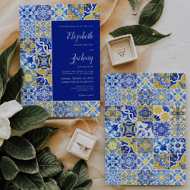 Invitación Boda blanco amarillo amarillo azul de mosaico rúst