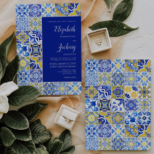Invitación Boda blanco amarillo amarillo azul de mosaico rúst