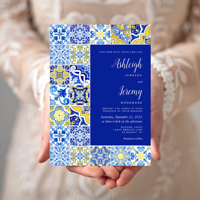Invitación Boda blanco amarillo amarillo azul de mosaico rúst (Subido por el creador)