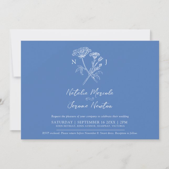 Invitación Boda blanco azul botánico de Cornflower hartwort (Anverso)
