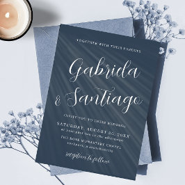 Invitación Boda blanco azul de la marina de script simple