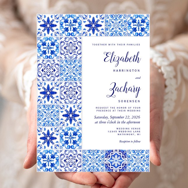 Invitación Boda blanco azul de mosaico portugués ruso (Subido por el creador)