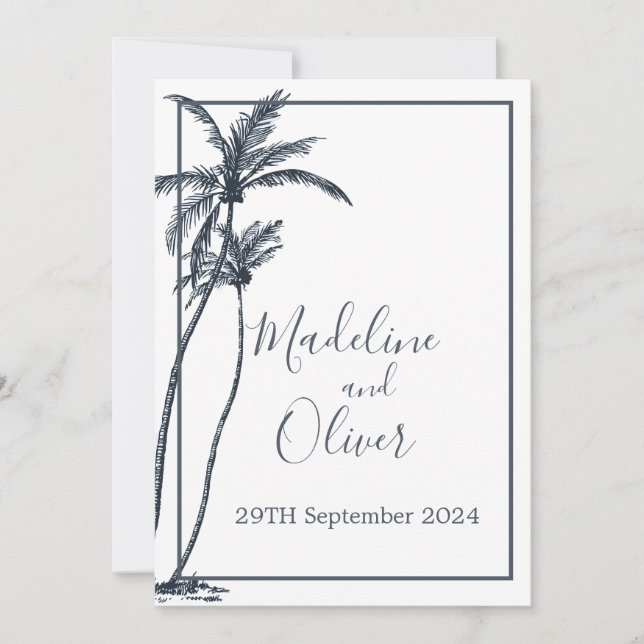 Invitación Boda Blanco Azul Elegante del Árbol de Palma Tropi (Anverso)