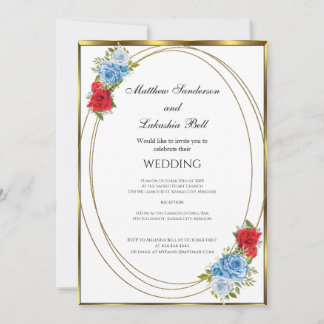 Invitación Boda Blanco Azul Flores Rojas dorado Elegante