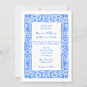 Invitación Boda blanco azul pintado con la mano mediterránea
