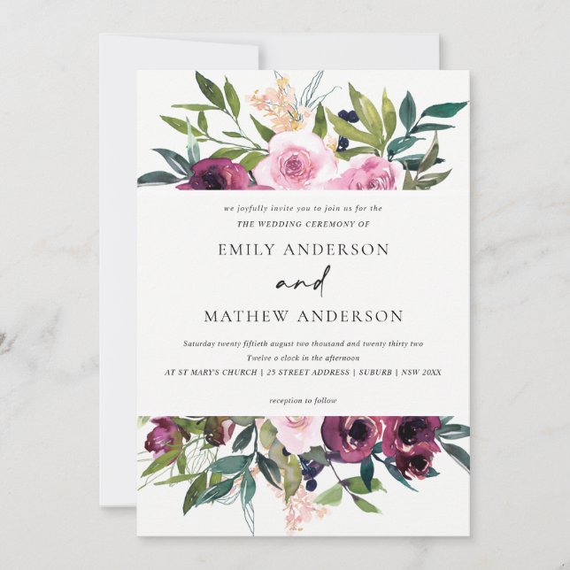 INVITACIÓN BODA BLANCO BRILLANTE RUBOR BURGUNDY FLORAL BUNCH (Anverso)
