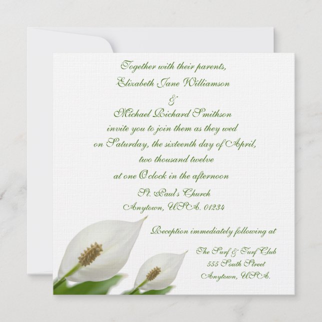 Invitación Boda blanco Calla Lily (Anverso)