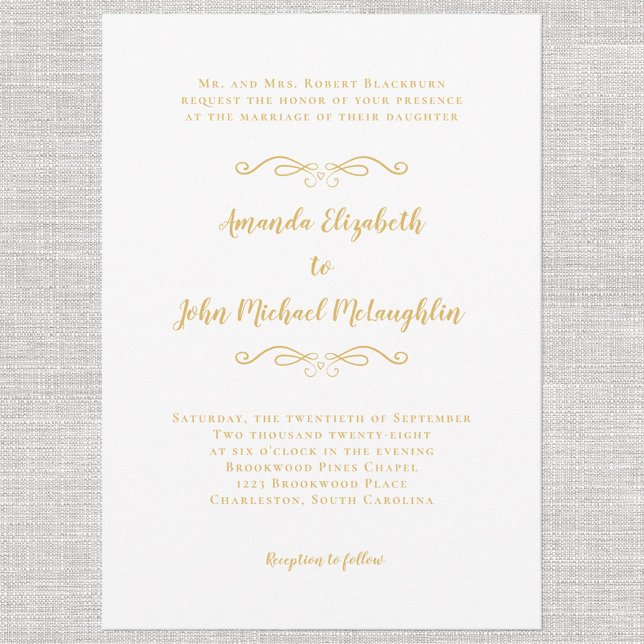 Invitación Boda blanco clásico elegante y formal de oro (Subido por el creador)