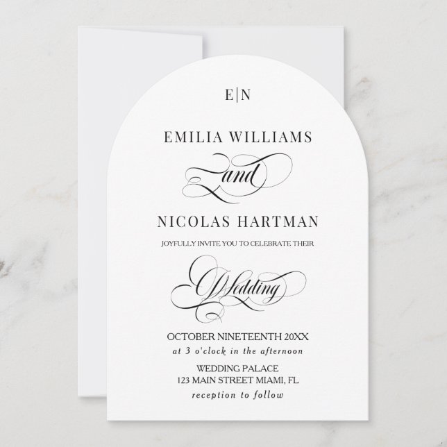 Invitación Boda blanco clásico monograma minimalista (Anverso)
