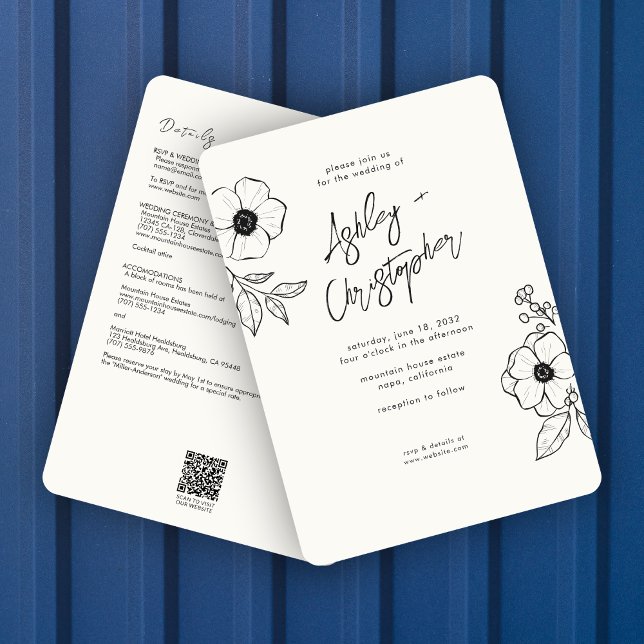 Invitación Boda blanco completo en uno mínimo de flores (Subido por el creador)