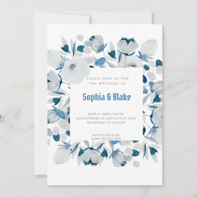 Invitación Boda blanco con marco floral azul y blanco moderno (Anverso)