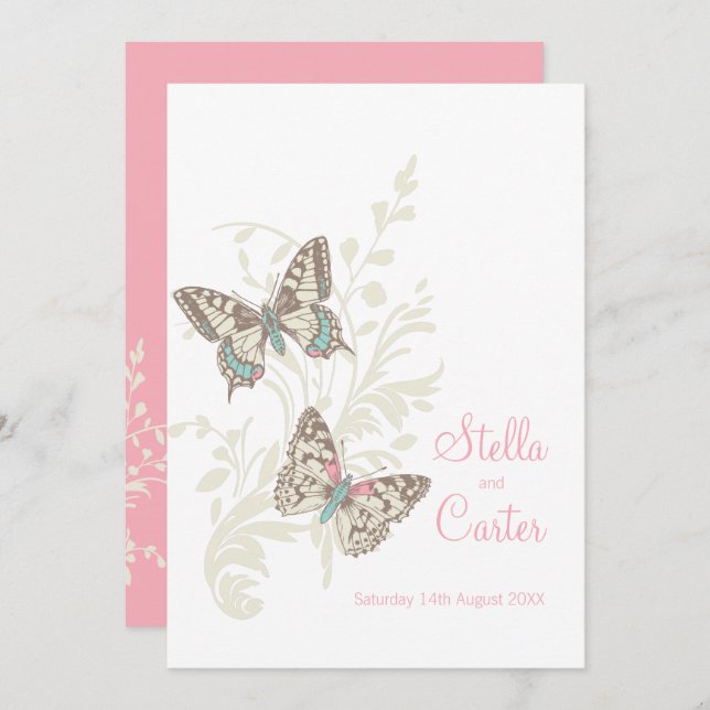 Invitación Boda blanco crema rosa de mariposas (Anverso / Reverso)