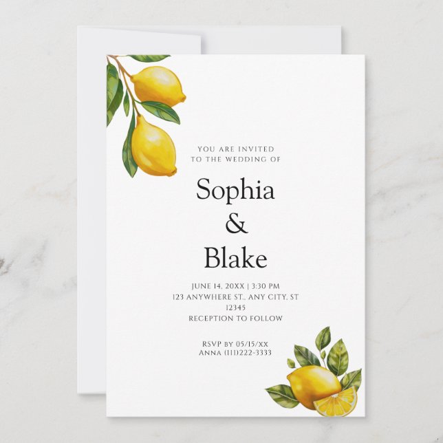 Invitación Boda blanco de cítricos limoneros con temática de  (Anverso)