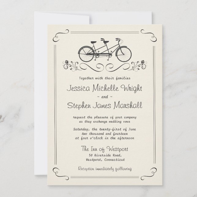 Invitación Boda blanco de cosecha de tándem (Anverso)