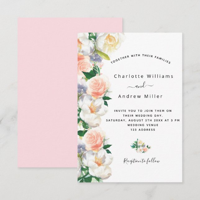 Invitación boda blanco de florines de oro rosa rosado de Rubo (Anverso / Reverso)