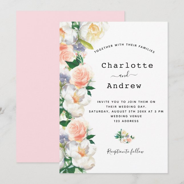 Invitación boda blanco de florines dorados rosados de Rubor (Anverso / Reverso)