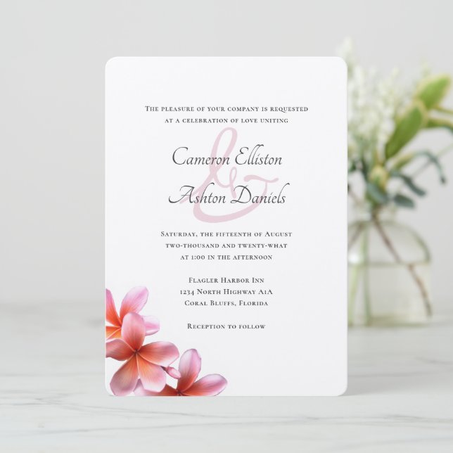 Invitación Boda blanco de frangipani floral rosa (Anverso de pie)