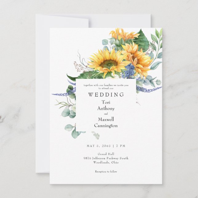 Invitación Boda blanco de girasol acuarela (Anverso)