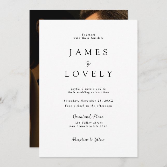 Invitación Boda blanco de guión gráfico clásico simple (Anverso / Reverso)