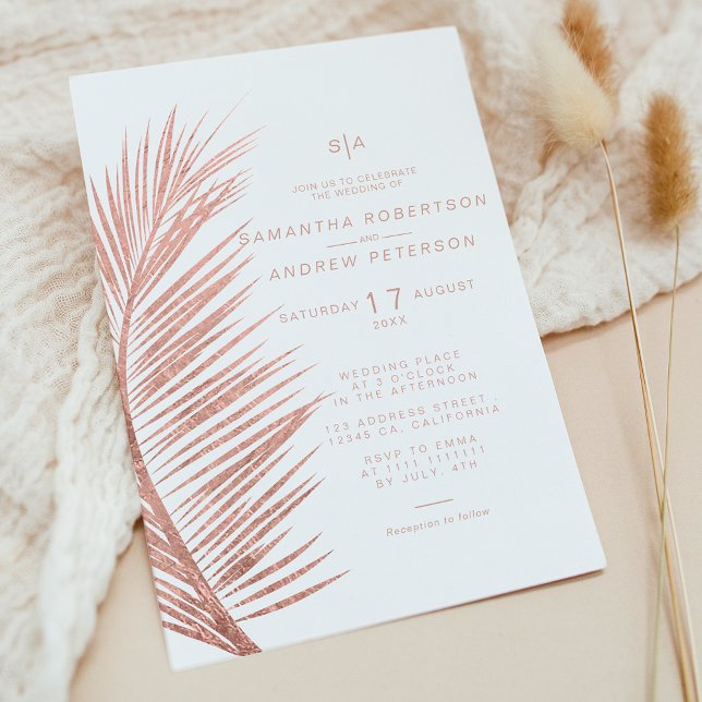 Invitación Boda blanco de hojas de palma doradas rosa moderno (Modern rose gold palm leaf white wedding invitation)