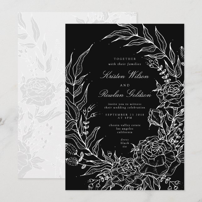 Invitación Boda blanco de la guirnalda negra de la flor román (Anverso / Reverso)