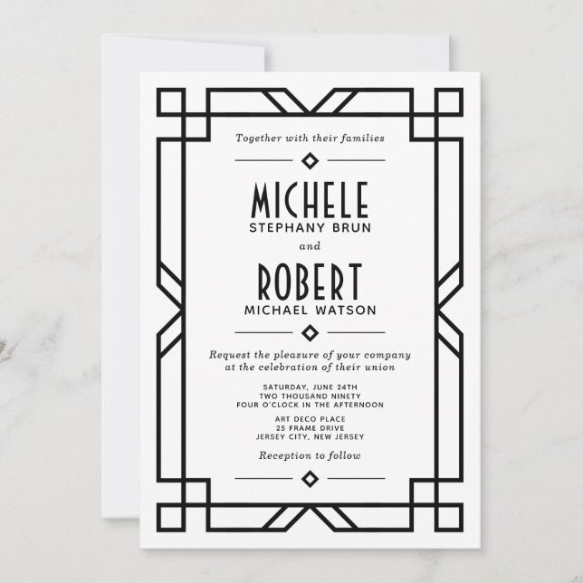 Invitación Boda blanco de marco negro moderno de estilo Art D (Anverso)