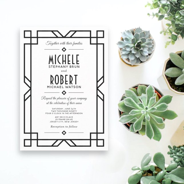 Invitación Boda blanco de marco negro moderno de estilo Art D (Subido por el creador)