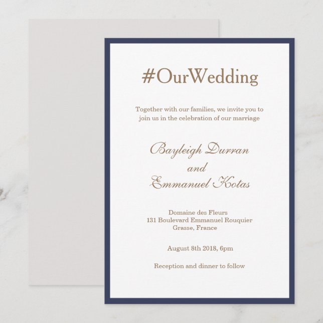 Invitación Boda Blanco de Oro Azul de la Armada del Milenio (Anverso / Reverso)