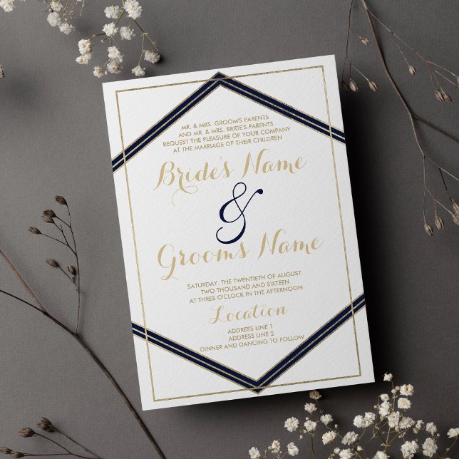 Invitación Boda blanco de oro azul marino geométrico (Geometrical navy blue gold white Wedding)