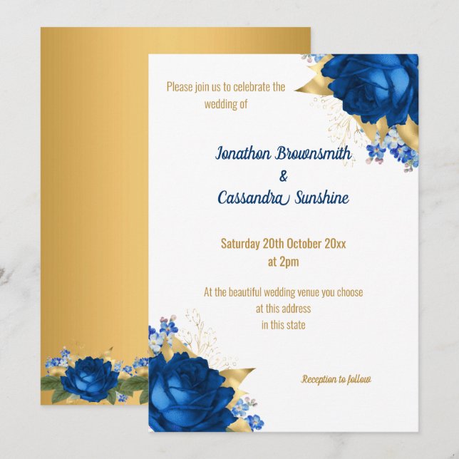 Invitación Boda BLANCO DE ORO AZUL SENCILLO Y MODERNO (Anverso / Reverso)