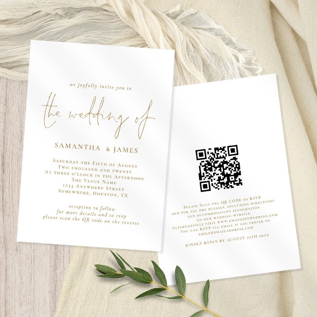 Invitación Boda blanco de oro de código QR moderno (Front and back view. Available digitally or printed. Part of a matching wedding collection.)